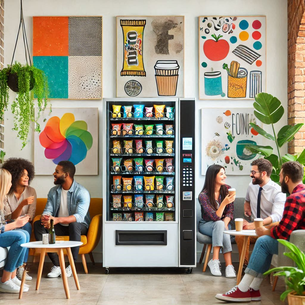 people sitting near a break room vending machine